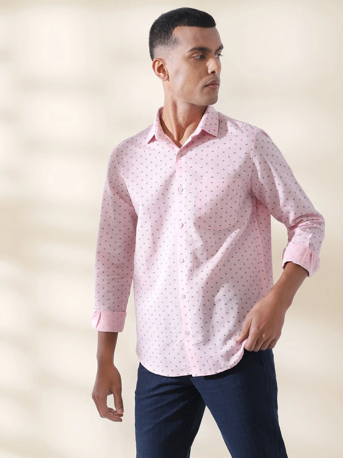 Cotton Linen Pink Printed Full Sleeve Formal Shirt