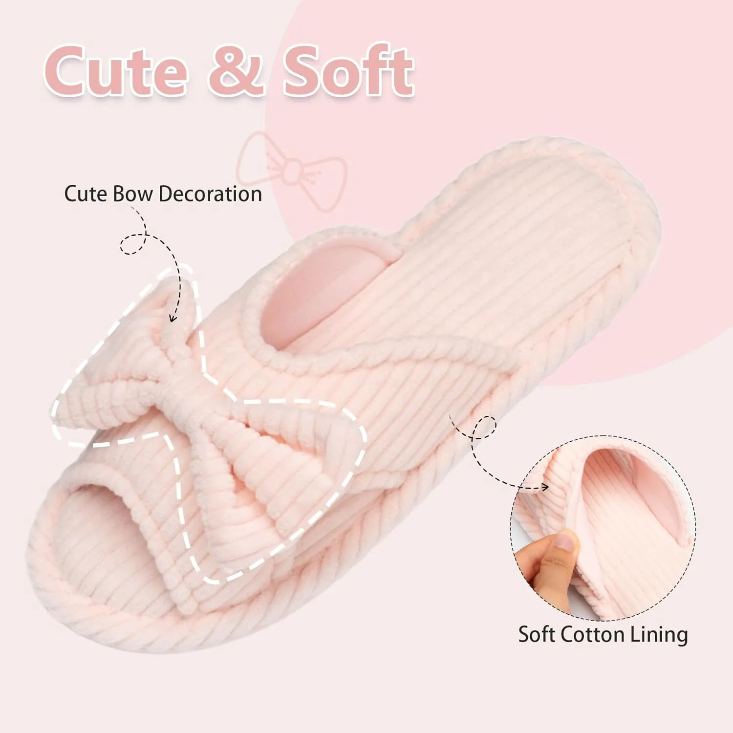 Cute Slippers for Women Indoor and Outdoor Cozy Soft Bow Open Toe Womens Slippers with Memory Foam Anti-Skid Sole Slides Spa Birthday Gifts for Women Mom Her Ladies Bridesmaid