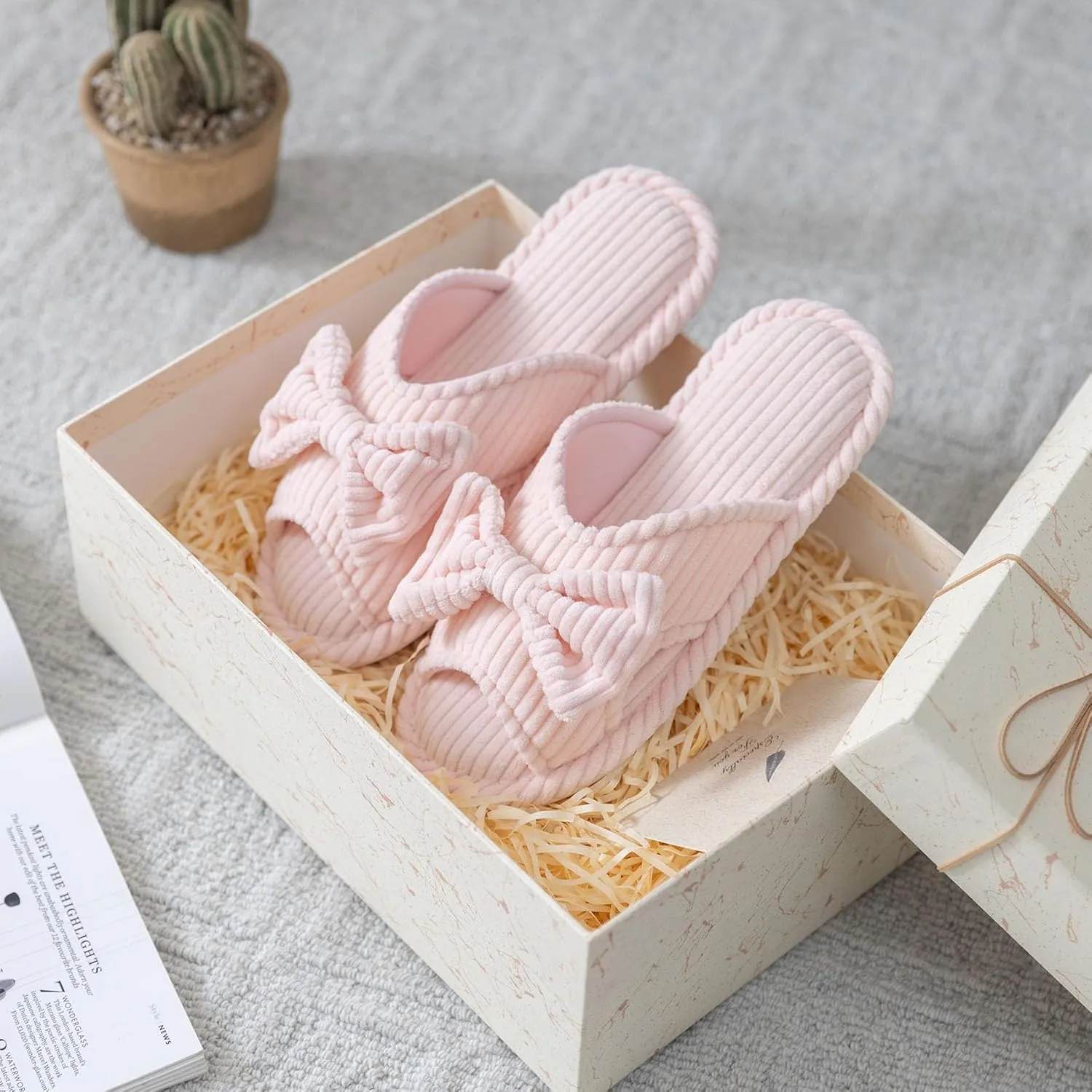 Cute Slippers for Women Indoor and Outdoor Cozy Soft Bow Open Toe Womens Slippers with Memory Foam Anti-Skid Sole Slides Spa Birthday Gifts for Women Mom Her Ladies Bridesmaid