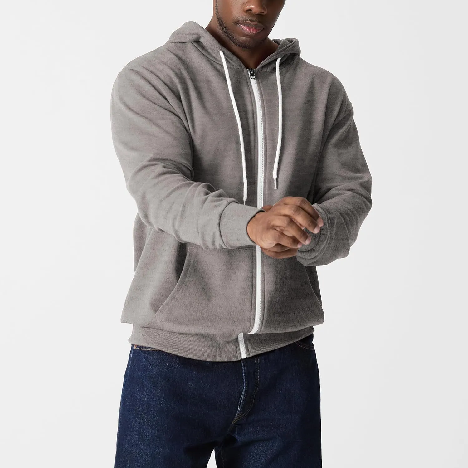 Ohoo Mens Slim Fit Zip Up Hoodies Sweatshirt Lightweight Long Sleeve with Kanga Pocket