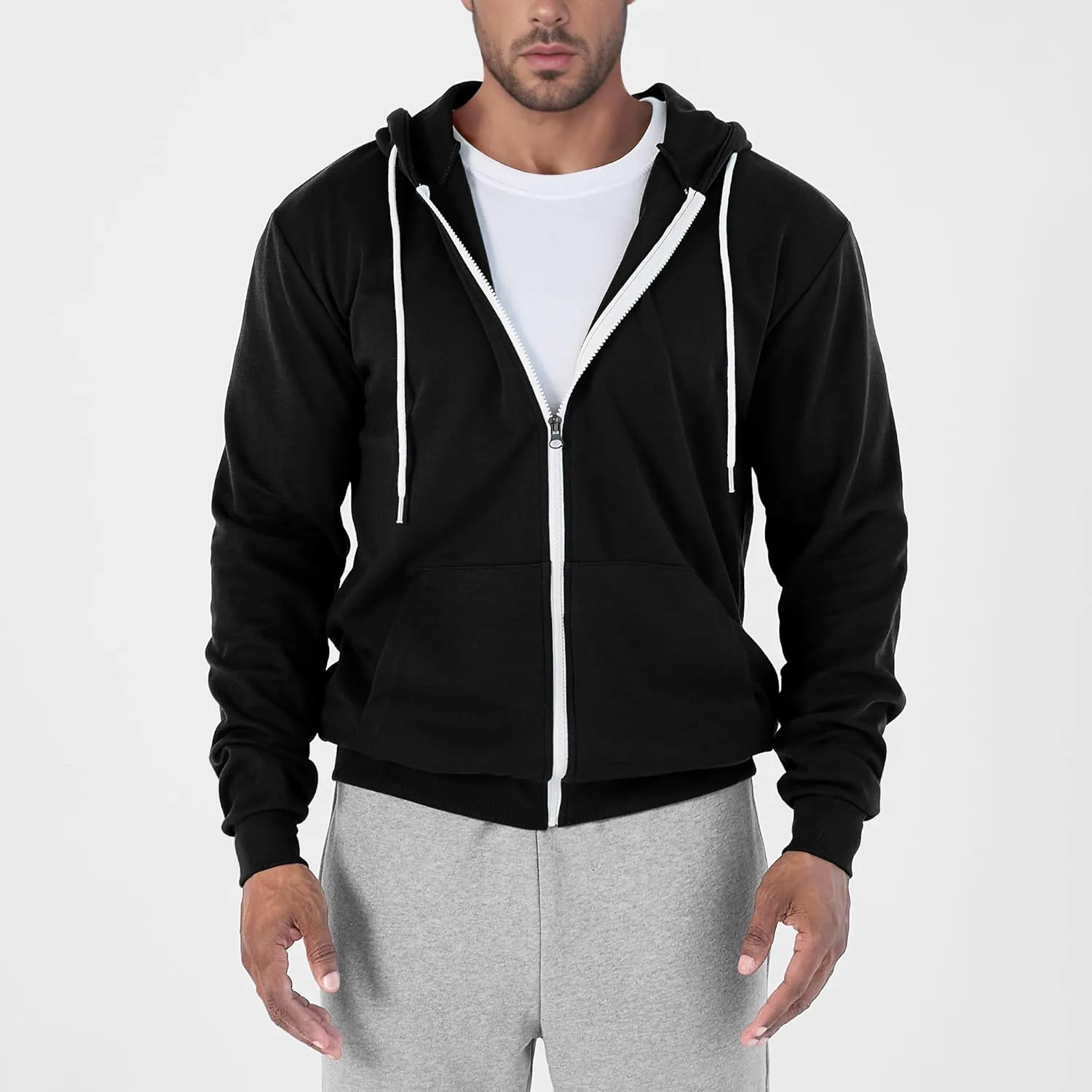 Ohoo Mens Slim Fit Zip Up Hoodies Sweatshirt Lightweight Long Sleeve with Kanga Pocket