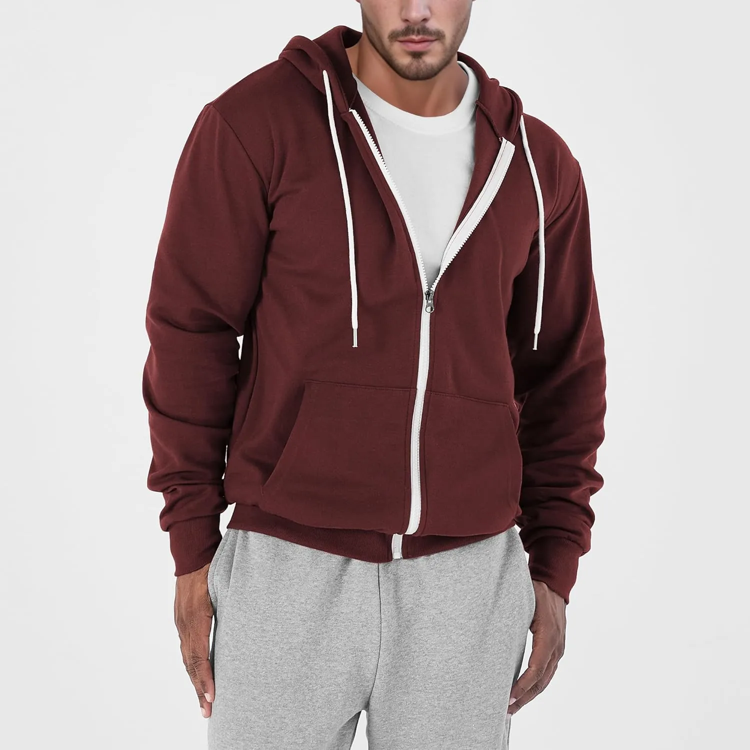 Ohoo Mens Slim Fit Zip Up Hoodies Sweatshirt Lightweight Long Sleeve with Kanga Pocket