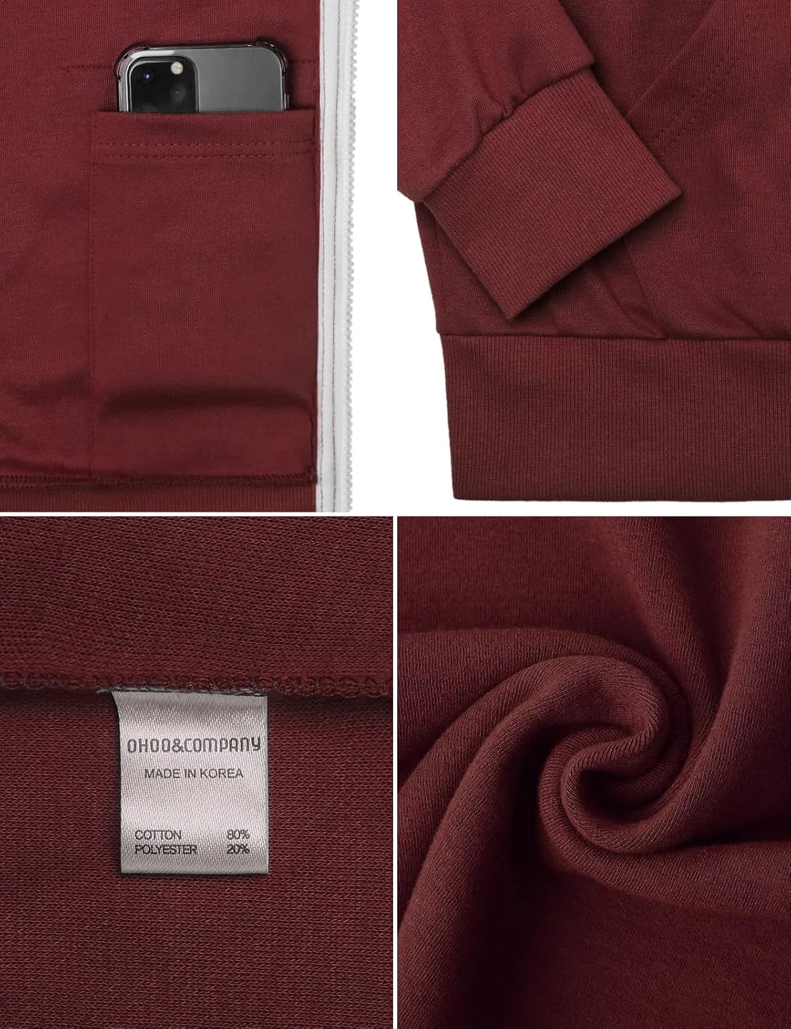 Ohoo Mens Slim Fit Zip Up Hoodies Sweatshirt Lightweight Long Sleeve with Kanga Pocket