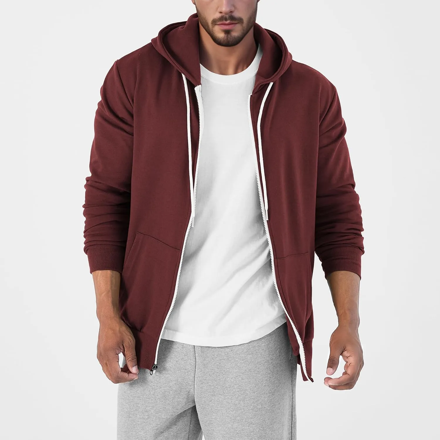 Ohoo Mens Slim Fit Zip Up Hoodies Sweatshirt Lightweight Long Sleeve with Kanga Pocket