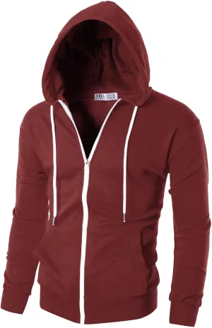 Ohoo Mens Slim Fit Zip Up Hoodies Sweatshirt Lightweight Long Sleeve with Kanga Pocket