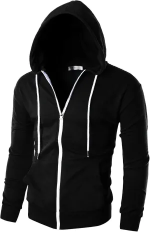 Ohoo Mens Slim Fit Zip Up Hoodies Sweatshirt Lightweight Long Sleeve with Kanga Pocket