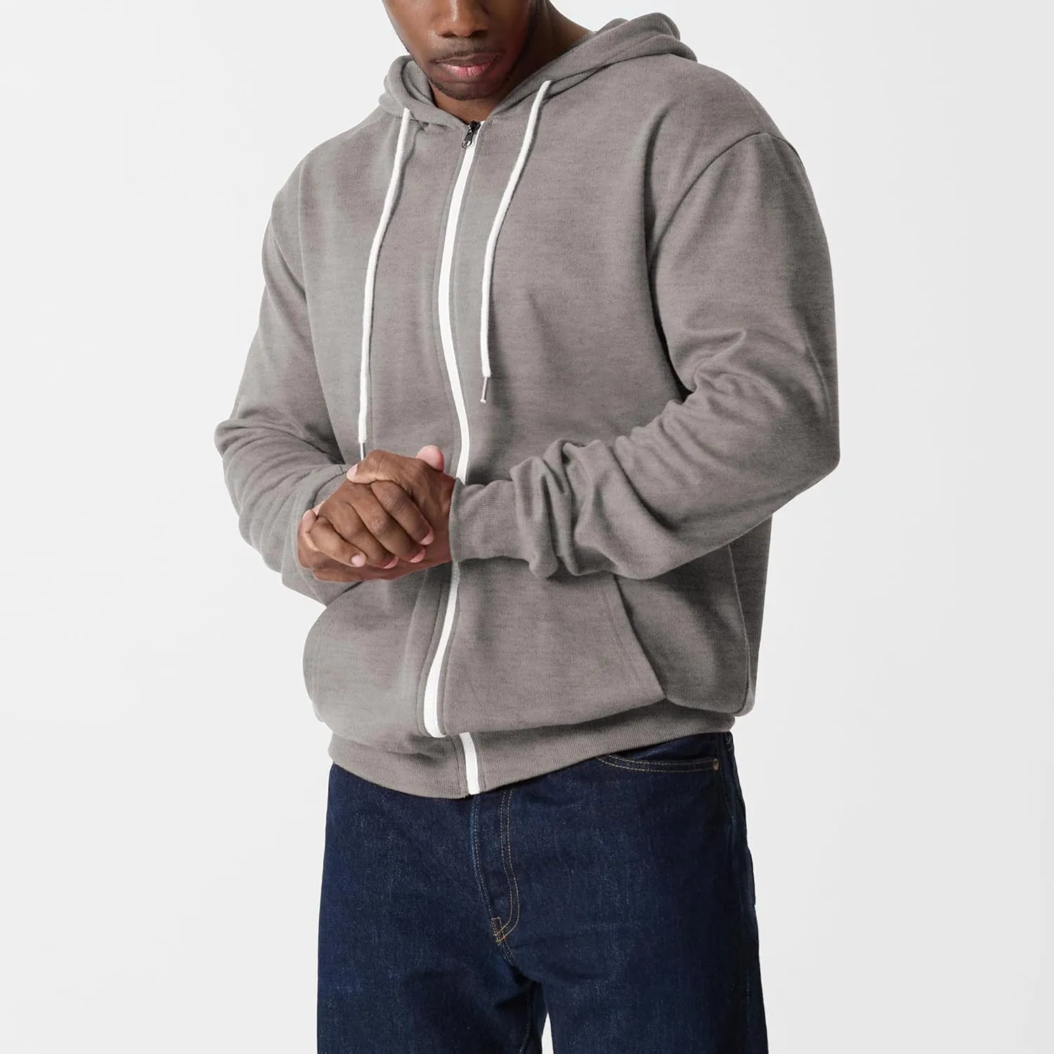 Ohoo Mens Slim Fit Zip Up Hoodies Sweatshirt Lightweight Long Sleeve with Kanga Pocket