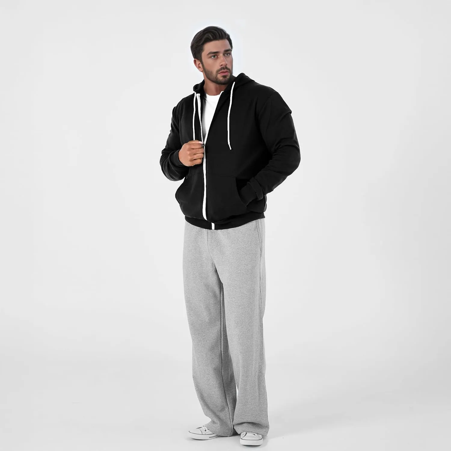 Ohoo Mens Slim Fit Zip Up Hoodies Sweatshirt Lightweight Long Sleeve with Kanga Pocket